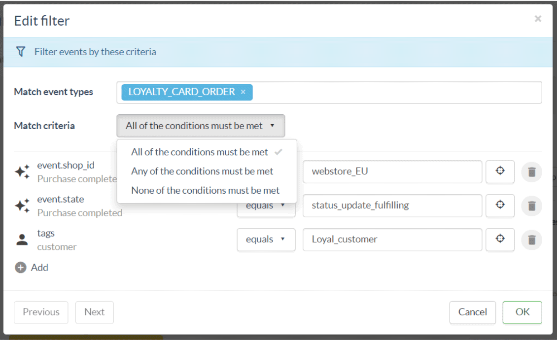 Match event types filter